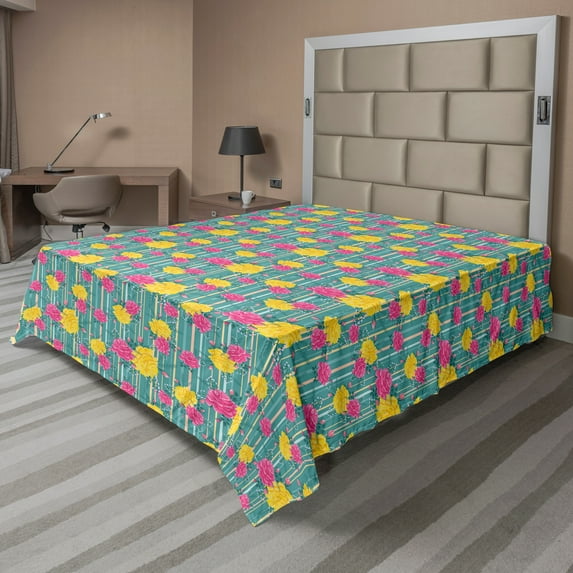 Ambesonne Flower Flat Sheet, Retro Roses on Stripes, Full Size, Multicolor