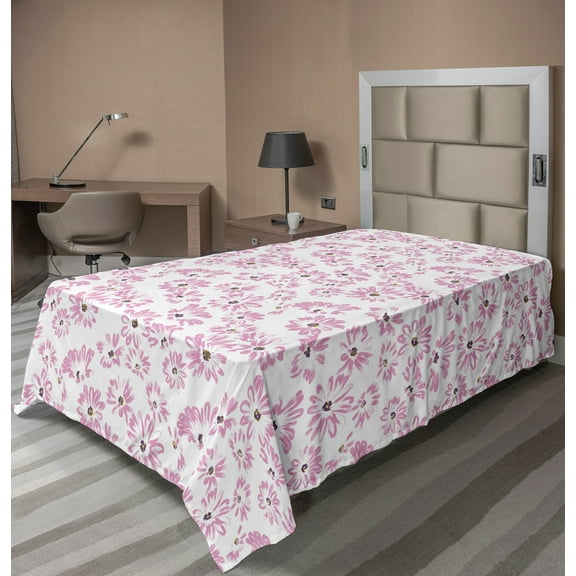 Ambesonne Flower Flat Sheet, Romantic Florals Petals, TwinXL Size, Pale Pink White