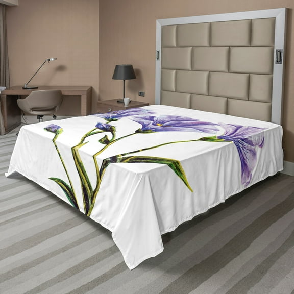 Ambesonne Flower Flat Sheet, Romantic Summer, Full Size, White Violet Green