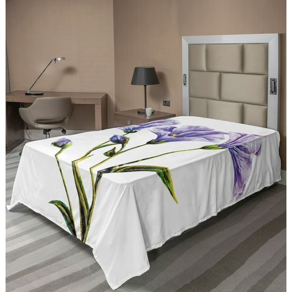 Ambesonne Flower Flat Sheet, Romantic Summer, Twin Size, White Violet Green