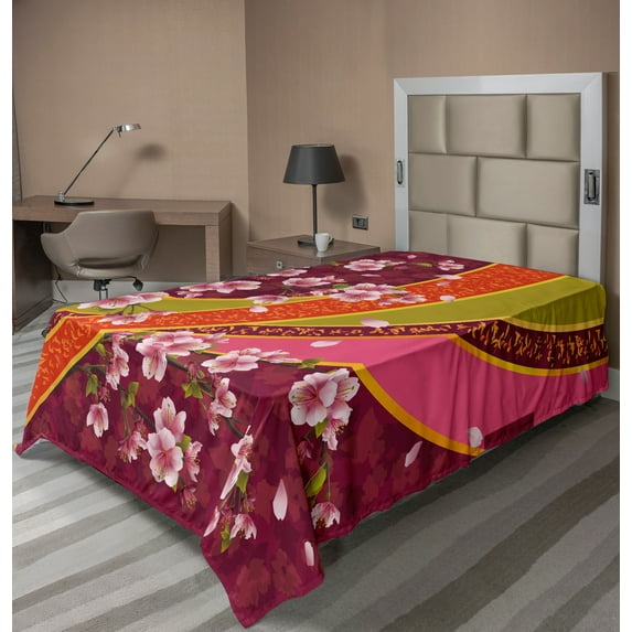 Ambesonne Flower Flat Sheet, Sakura Blossom Japanese, Twin Size, Pale Pink Orange