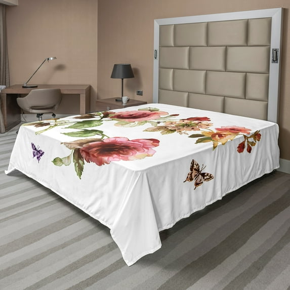 Ambesonne Flower Flat Sheet, Shabby Plant Roses Buds, Queen Size, Multicolor