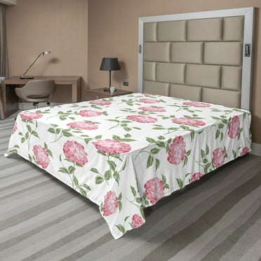 Ambesonne Flower Flat Sheet, Simplistic Hydrangea Floral, King Size, White Pale Pink