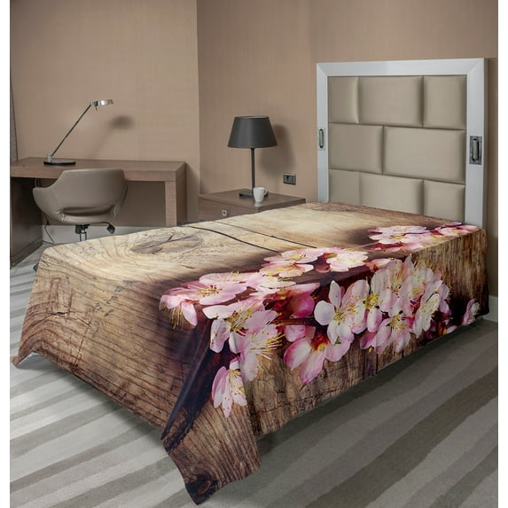 Ambesonne Flower Flat Sheet, Spring Blossom on Wood, TwinXL Size, Pink Brown