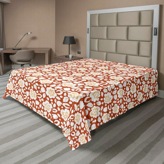 Ambesonne Flower Flat Sheet, Spring Composition Simple, King Size, Rust and White