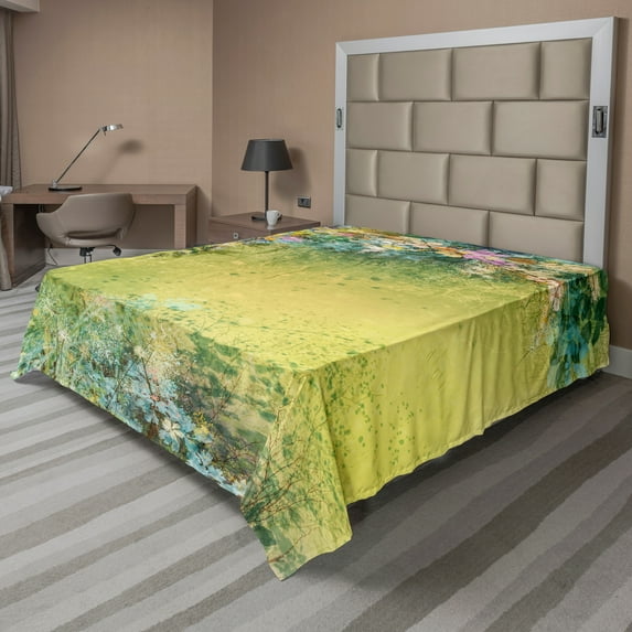 Ambesonne Flower Flat Sheet, Spring Foliage Vintage, King Size, Green