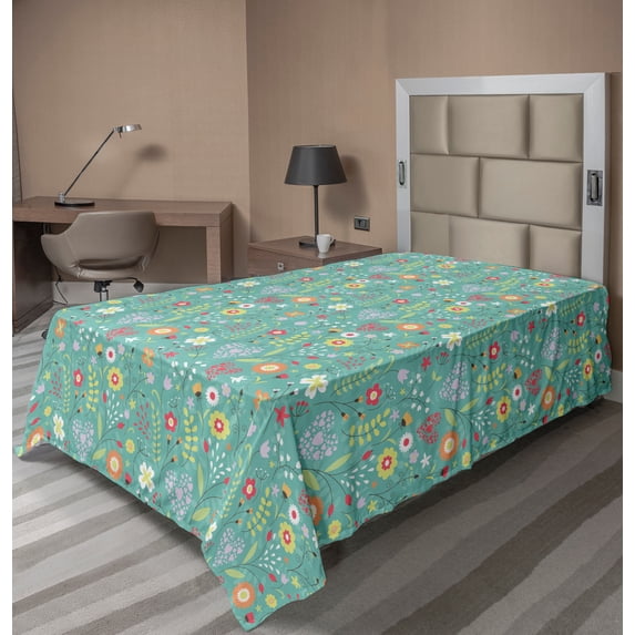 Ambesonne Flower Flat Sheet, Tulips Daisy Lily Blooms, TwinXL Size, Multicolor