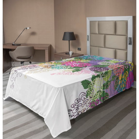 Ambesonne Flower Flat Sheet, Vintage Boho Inspiration, Twin Size, White Violet