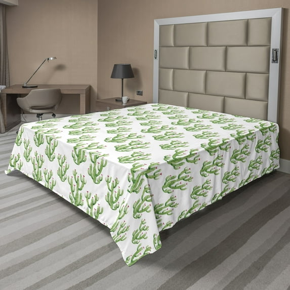 Ambesonne Flower Flat Sheet, Watercolor Cactus Plant, Full Size, Fern Green Pink