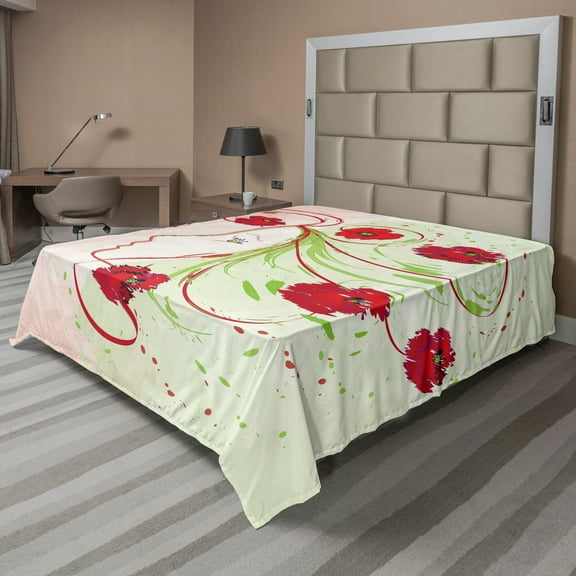 Ambesonne Flower Flat Sheet, Watercolor Poppy, California King, Green and Red