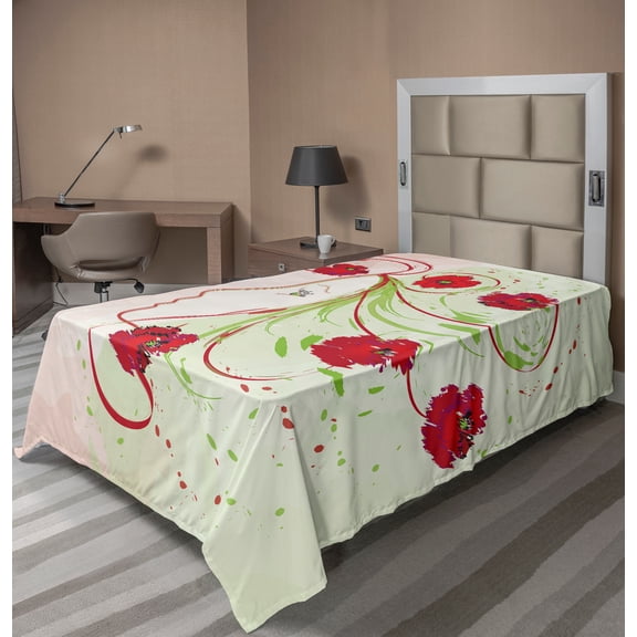 Ambesonne Flower Flat Sheet, Watercolor Poppy, Twin Size, Green Red