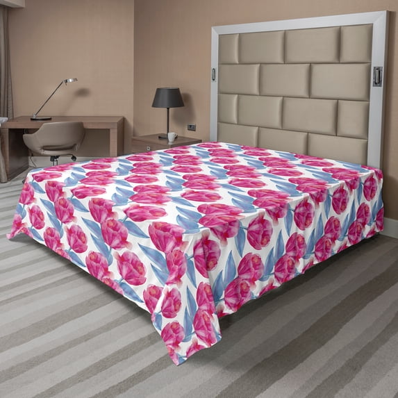 Ambesonne Flower Flat Sheet, Watercolor Tulips Scene Boho, Full Size, Lavender Hot Pink