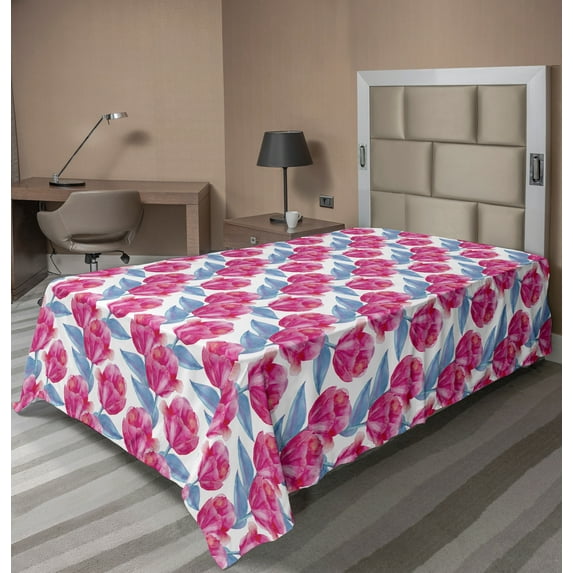 Ambesonne Flower Flat Sheet, Watercolor Tulips Scene Boho, Twin Size, Lavender Hot Pink