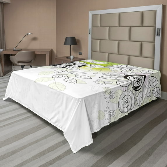 Ambesonne Flower Flat Sheet, Wild Field Plants, Full Size, Black Eggshell Green