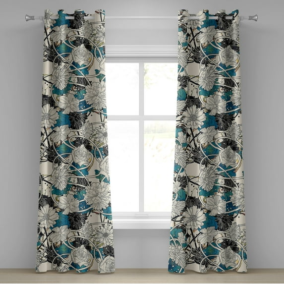 Ambesonne Flower Grommet Curtain, Abstract Floral Ornaments, 50"x96", Champagne and Dark Turquoise
