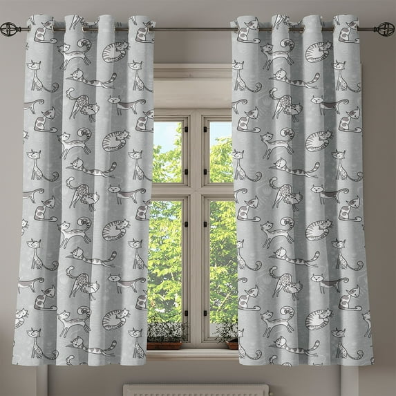 Ambesonne Flower Grommet Curtain, Cat Kitten Cartoon, 50" x 54", White