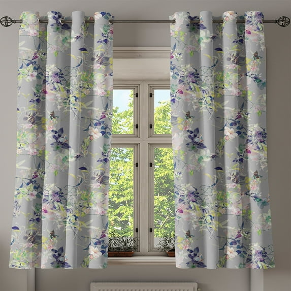 Ambesonne Flower Grommet Curtain, Floral Nature Spring Branch, 50"x63", Grey Lime Green and Pale Pink