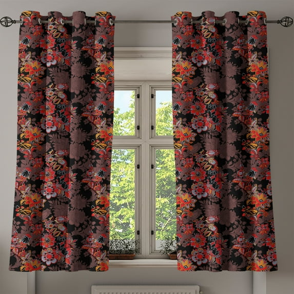 Ambesonne Flower Grommet Curtain, Japanese Vivid Florals, 50" x 63", Black Orange Mustard