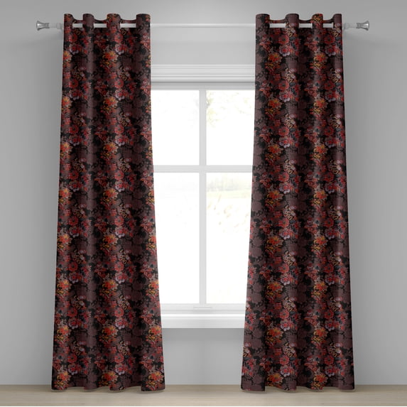 Ambesonne Flower Grommet Curtain, Japanese Vivid Florals, 50" x 96", Black Orange Mustard