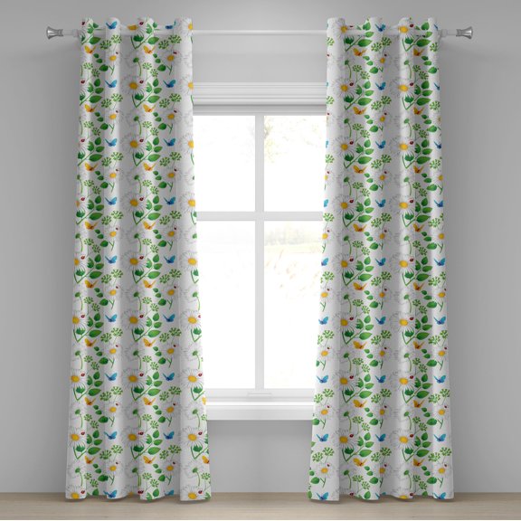 Ambesonne Flower Grommet Curtain, Ladybugs on Chamomiles, 50" x 96", White Green