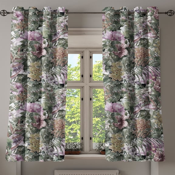 Ambesonne Flower Grommet Curtain, Leaves Blossoming Petals Art, 50"x63", Grey Pink and Sage Green