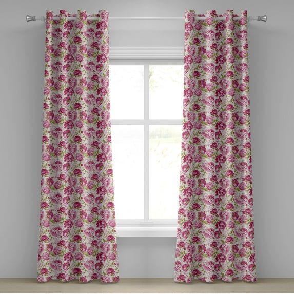 Ambesonne Flower Grommet Curtain, Peonies and Leaf Floral, 50" x 72", Pink White Olive Green