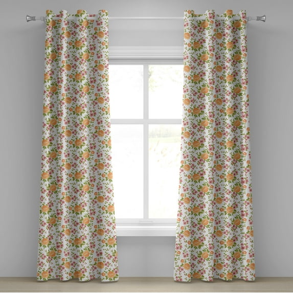 Ambesonne Flower Grommet Curtain, Peony Poppy Bridal Theme, 50" x 108", Pale Orange Green Rose