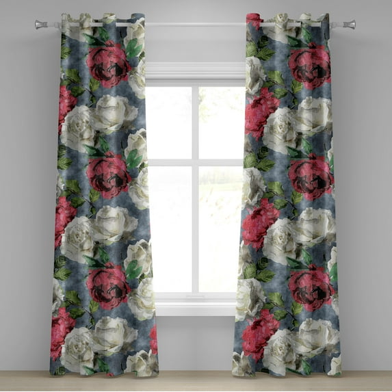 Ambesonne Flower Grommet Curtain, Romantic Roses Leaves Print, 50"x120", Blue Grey Dark Pink