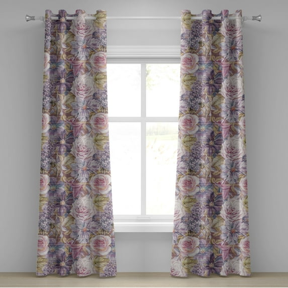 Ambesonne Flower Grommet Curtain, Roses Lilies Lilacs Print, 50"x120", Mauve Pale Pink and Khaki