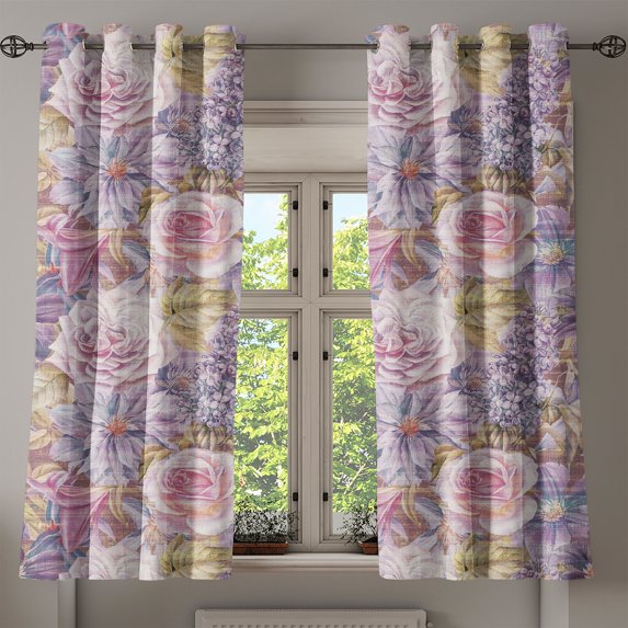 Ambesonne Flower Grommet Curtain, Roses Lilies Lilacs Print, 50"x60", Mauve Pale Pink and Khaki