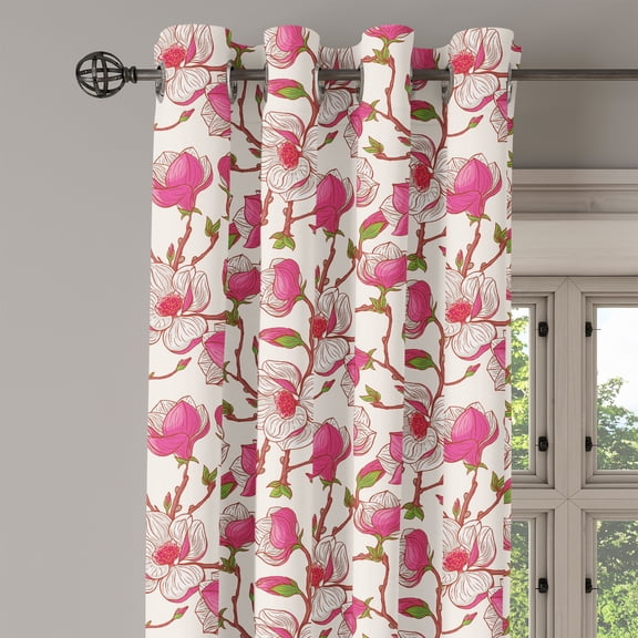 Ambesonne Flower Grommet Curtain Single Panel, Pink Magnolia Garden, 50"x60", Pink White Green