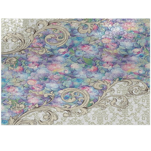 Ambesonne Flower Jigsaw Puzzle Durable Cardboard, Baroque Hydrangeas Swirls, 1000 pcs, Lilac and Cream
