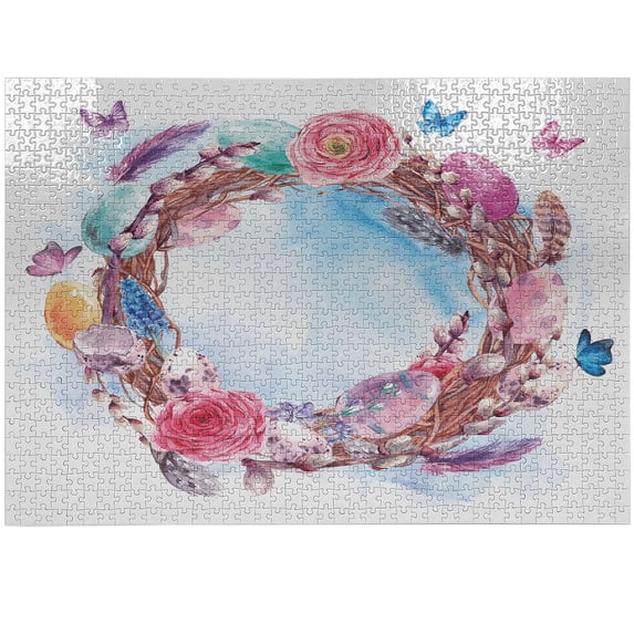 Ambesonne Flower Jigsaw Puzzle Durable Cardboard, Floral Wreath Feathers, 1000 pcs, Multicolor