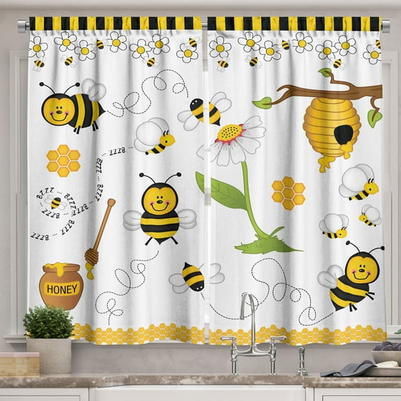 Ambesonne Flower Kitchen Curtains, Bees Daisies Chamomile, 55"x39", Yellow White and Black