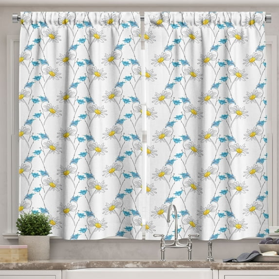 Ambesonne Flower Kitchen Curtains, Daisy Blooms Paintbrush Art, 55"x45", Azure Blue Yellow White