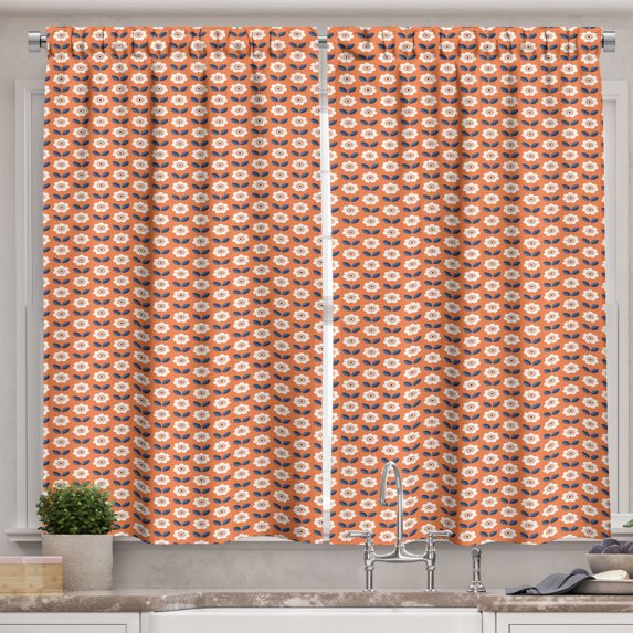 Ambesonne Flower Kitchen Curtains, Flourishing Petals Leaves, 55"x39", Pale Orange Dark Blue