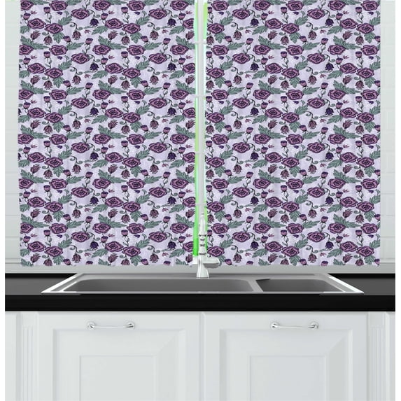Ambesonne Flower Kitchen Curtains, Funky Floral Pattern Violet, 55"x45", Pastel Purple and Multicolor