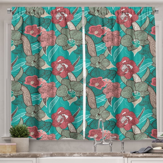 Ambesonne Flower Kitchen Curtains, Hand Drawn Colorful Blossoms, 55"x30", Multicolor