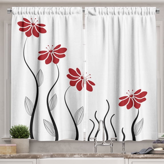 Ambesonne Flower Kitchen Curtains, Modern Floral Petals, 55"x39", Red and Black