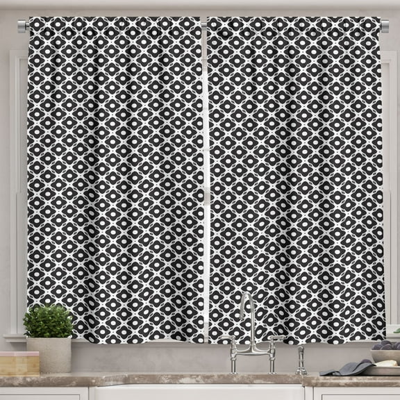 Ambesonne Flower Kitchen Curtains, Monochrome Flora Shape Print, 55"x45", Black Off White