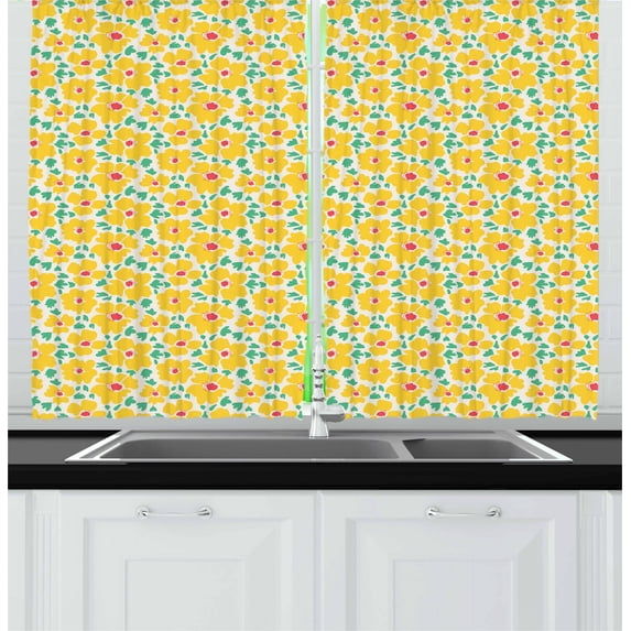 Ambesonne Flower Kitchen Curtains, Old Fashion Spring Theme, 55"x45", Dark Coral Sea Green