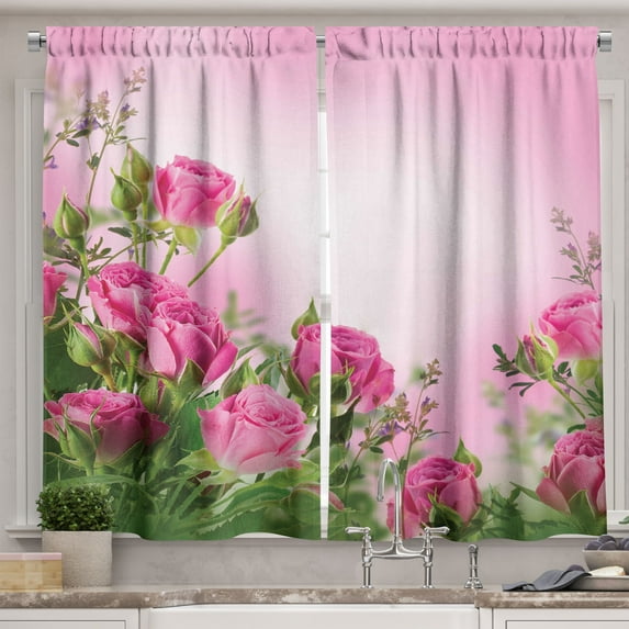 Ambesonne Flower Kitchen Curtains, Spring Season Roses Buds, 55"x39", Pink and Green