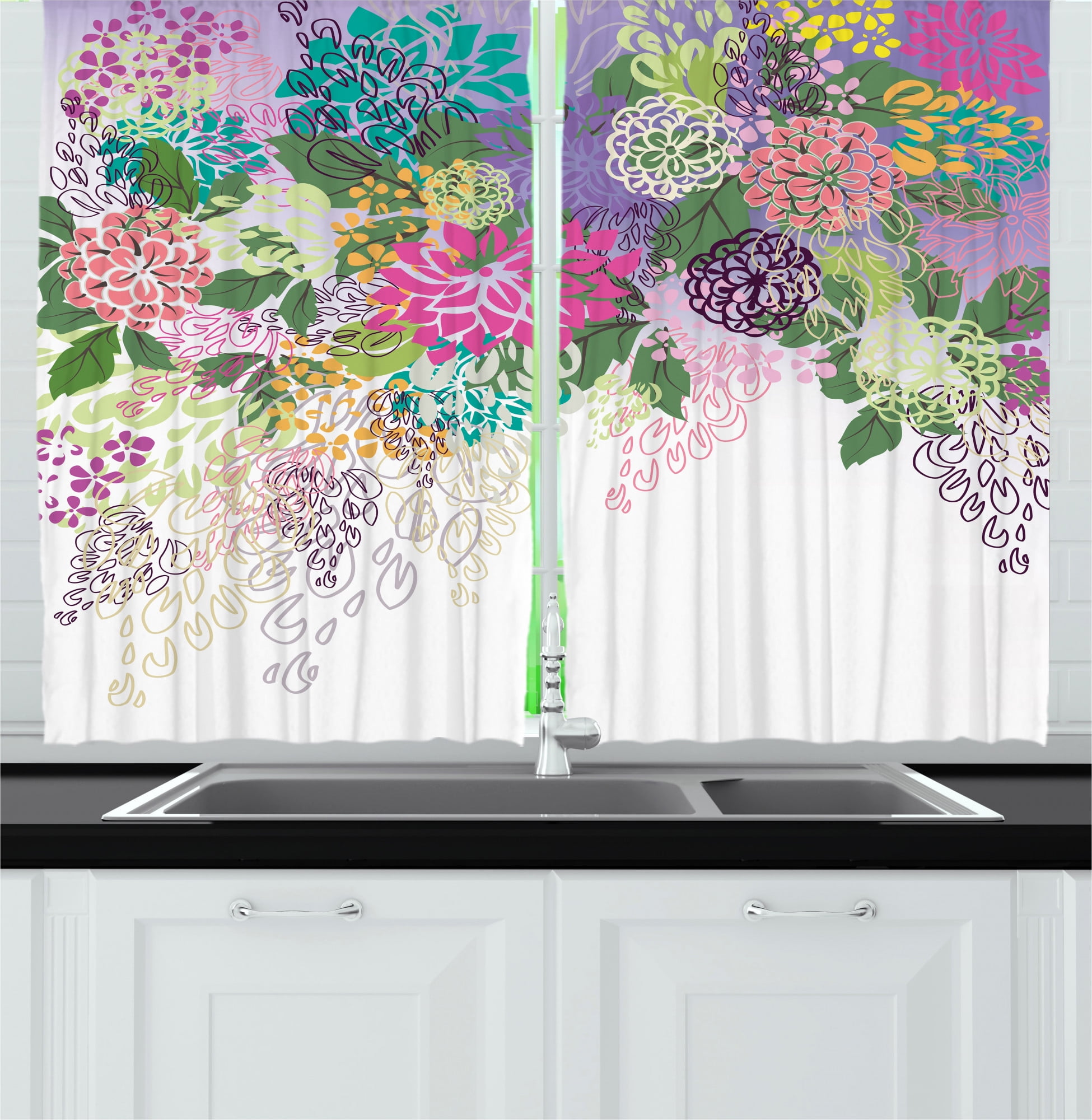 Ambesonne Flower Kitchen Curtains, Vintage Boho Inspiration, 55"x45", White Violet