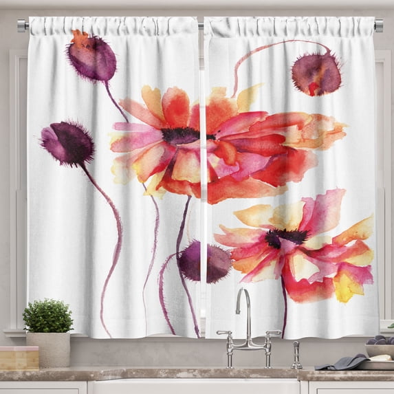 Ambesonne Flower Kitchen Curtains, Watercolor Poppies Buds, 55"x39", Peach Scarlet Purple