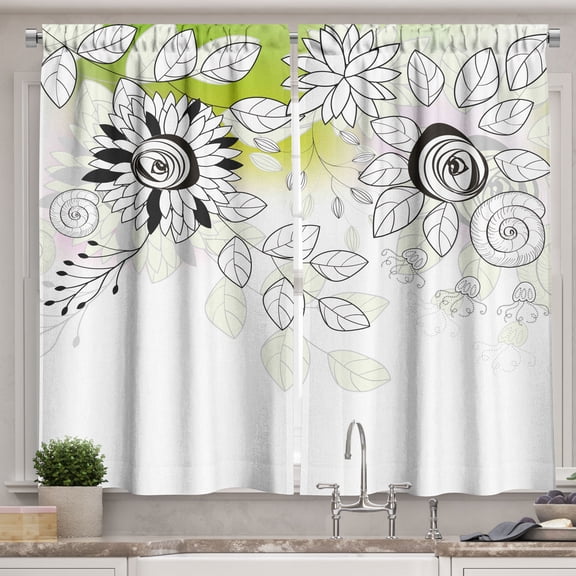 Ambesonne Flower Kitchen Curtains, Wild Field Plants, 55"x45", Black Eggshell Green