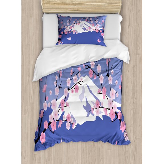 Ambesonne Flower Landscapes Duvet Cover Set, Cherry Blossoms, Twin, Ceil Blue Pale Pink