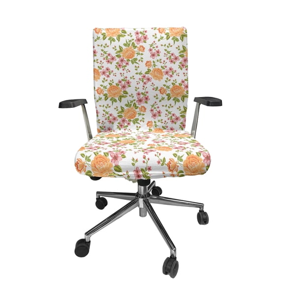 Ambesonne Flower Office Chair Cover Stretchable High Back, Peony Poppy Bridal Theme, Pale Orange Green Rose