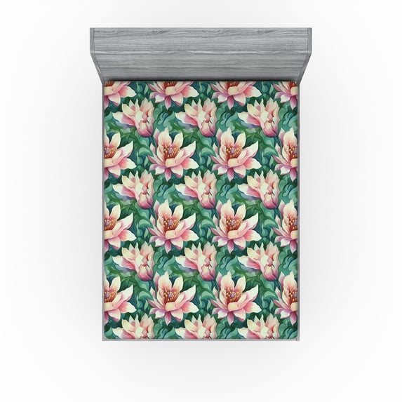 Ambesonne Flower Pattern Fitted Sheet, Painting Look Lotus, Full Size, Jade Green Pastel Pink