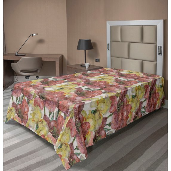 Ambesonne Flower Pattern Flat Bedding Sheet Soft Top Sheet, Iris Floral Artwork, Twin, Pale Ruby Mustard