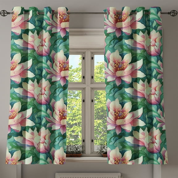 Ambesonne Flower Pattern Grommet Curtain, Painting Look Lotus, 50"x60", Jade Green Pastel Pink